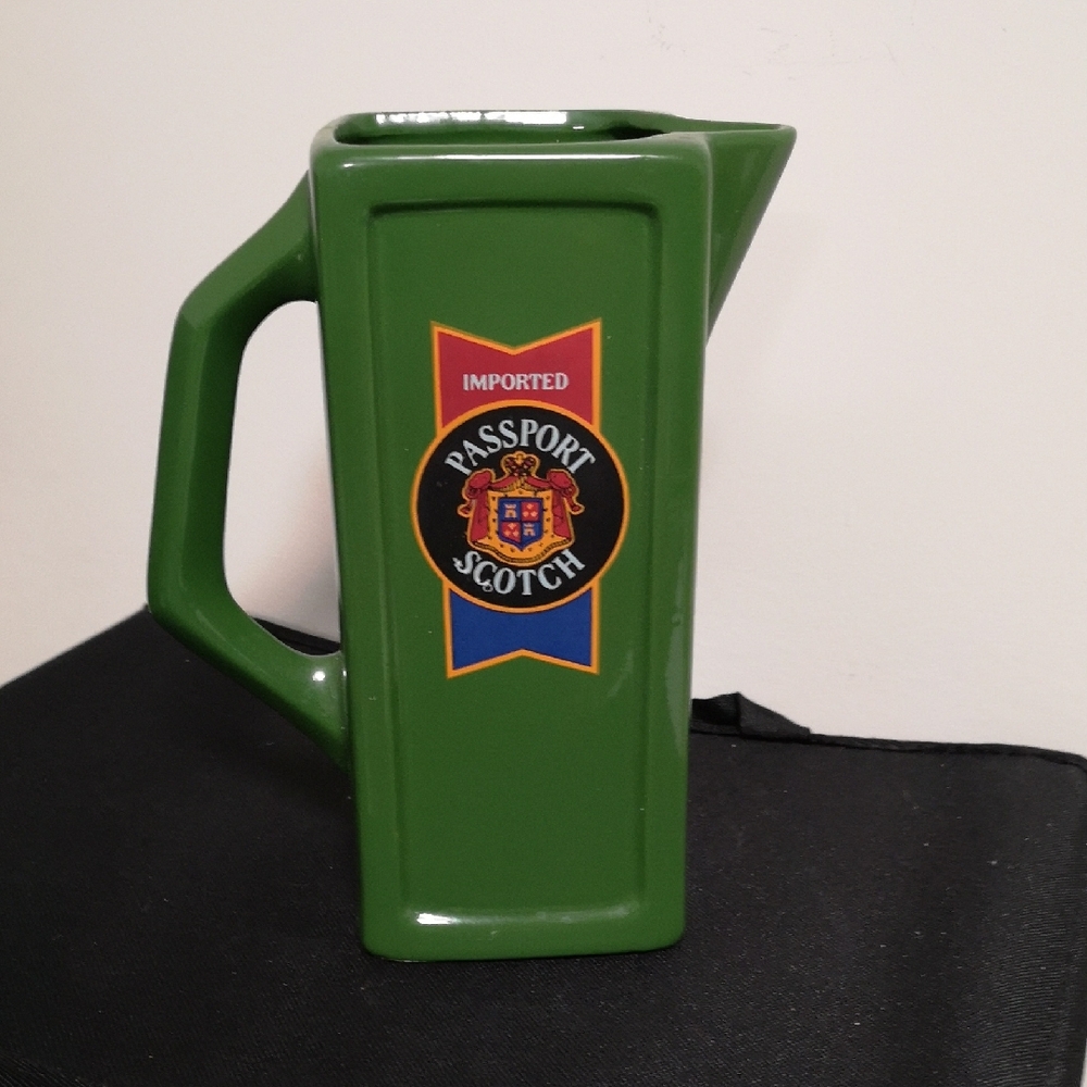Vintage Passport Scotch Pitcher Barware Forest Green Double-sided Graphic 7.5"